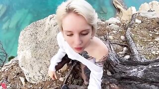The cute girlfriend passionately sucks her ex-boyfriend's big dick on the beach