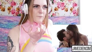 Carly Rae Summers reacts to intense James Deen and Sara Luvv action