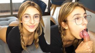 The cute girl received a huge dick and warm throat cum