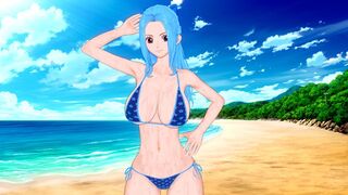 A busty woman, inspired by Vivi from One Piece, enjoys intimate moments on the beach