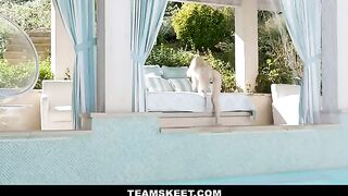 Petite teen Lola Fae does yoga by the pool and gets fucked