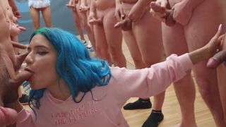 Min Galilea swallows a massive amount of sperm in an intense bukkake scene