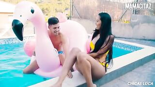 Petite brunette Andreina Deluxe gets her pussy smashed by a huge dick at the pool