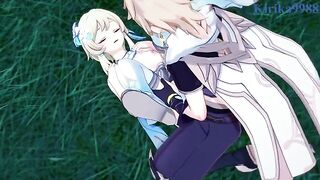 Aether and Futa Lumine have sex in the meadow at night - Genshin Impact Hentai