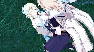 Aether and Futa Lumine have sex in the meadow at night - Genshin Impact Hentai