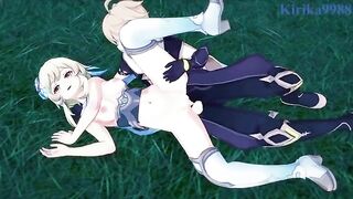 Aether and Futa Lumine have sex in the meadow at night - Genshin Impact Hentai