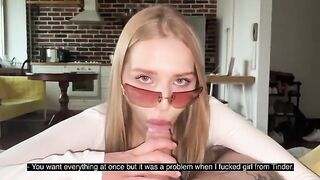 Pretty woman in glasses gets her face covered with sperm after hard sex