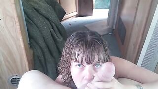 The slut swallows all of the cum from a huge cock in POV