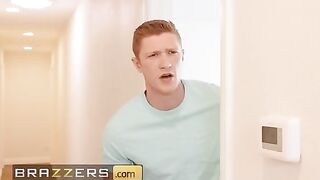 The stepson helps his stuck mom, Mellanie Monroe, in the laundry room