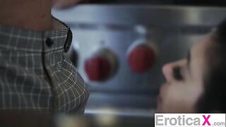 The hot couple has passionate sex right in the kitchen for a steamy treat