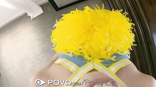 The blonde cheerleader gets a cumshot on her face in POV