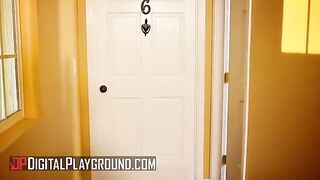 A guy masturbates as Scarlet Red and Clover fuck hard next door