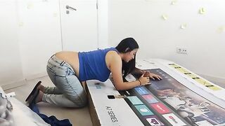 Pervert guy fucked his stepmom through a hole in a box