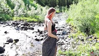 Redhead girl fucks outdoors and gets creampied