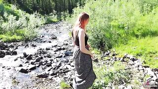 Redhead girl fucks outdoors and gets creampied