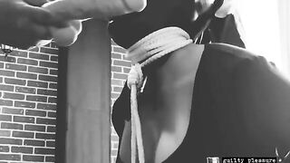 Bound slave gets fucked in the mouth and stinky pussy with a dildo