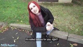 Redhead Brit shows off her pierced tits for cash in a daring Public Agent scene