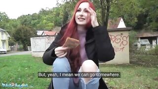 Redhead Brit shows off her pierced tits for cash in a daring Public Agent scene