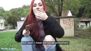 Redhead Brit shows off her pierced tits for cash in a daring Public Agent scene