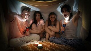 Naughty boys tell spooky story to scare and fuck in a steamy swap