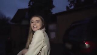 A petite French brunette makes some extra cash by flashing her small tits in public