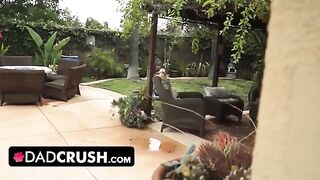 Fit girl lets her stepdad finger and fuck her outdoors by the pool