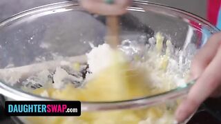 Two stepdaughters share a pie while engaging in intimate acts