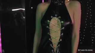 Skinny teen AngelQ performs a sexy stripping show on stage with her stunning long hair