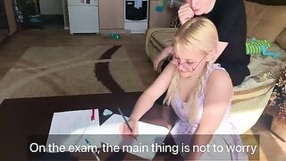 The student could not pass the subject, so she began to suck the dick of a tutor