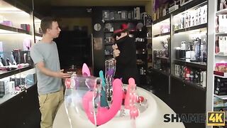 A mature woman bought a dildo in the shop and fucked with a neighbor