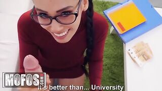 Nerdy guy Jordi fucks hot chick Andreina DeLuxe for money in steamy MOFOS scene