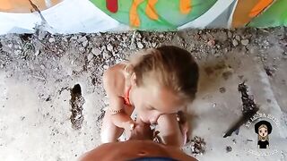 A beautiful blonde has sex with a guy in an abandoned building, no condom