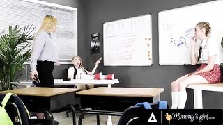 A naughty student must share her teacher's attention with her bestie in this steamy scene