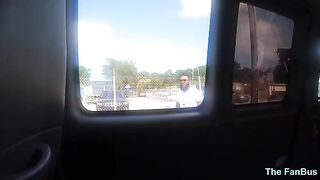 Queen Rogue rides a big black cock on a bus full of fans in this hot video