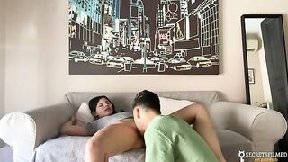 My stepsister and I woke up at home alone, so we had sex in the living room