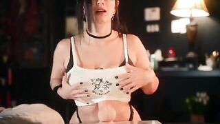 A goth girl with big boobs uses her new sex toy from Adam & Eve