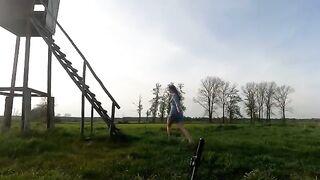 A little Chihuahua was fucked on the hunting podium outdoors