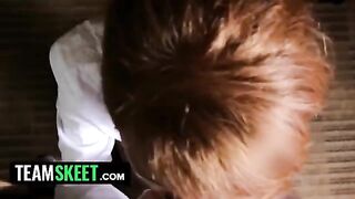 Redhead housekeeper Abbey Rain gets dominated and fucked hard