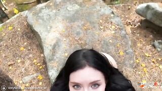 A brunette woman fucks hard with a guy in the woods