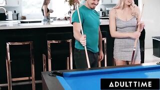 Roommates Paige Owens and Kay Lovely play strip pool with a hot guy and use him as a toy