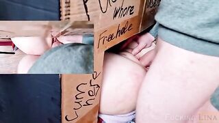 A girl got fucked in the pussy through the glory hole three times