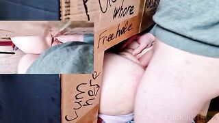 A girl got fucked in the pussy through the glory hole three times