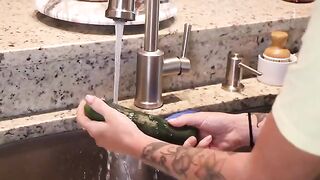 Getting ready for lunch with a big dildo in the kitchen