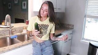 Getting ready for lunch with a big dildo in the kitchen