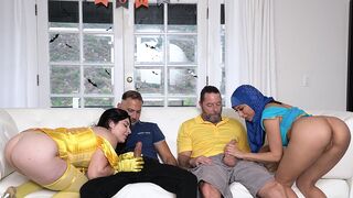 Two hot stepdaughters in sexy costumes getting fucked by their daddies