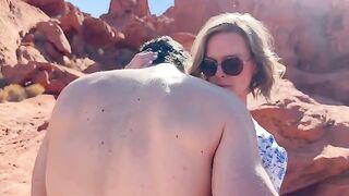 A wife gets fucked by her friend on a hike in the desert in public