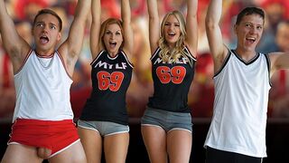 The football team celebrates with the sexy stepmommes after winning the game