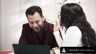 A man gets roughly fucked by a client, despite his wife arriving home