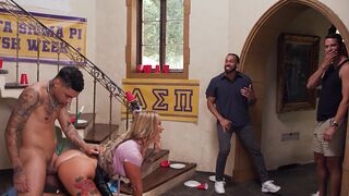 The busty housekeeper gets fucked hard by a group of young guys