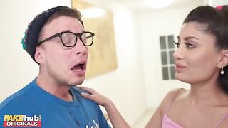 Hot Indian British model licks cum from dork's glasses after he cum on his face